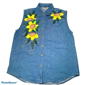 VINTAGE 90s Floral Denim Button Down Shirt XL Yellow Floral Glitter Puffy Paint